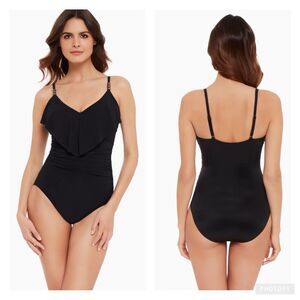MagicSuit Isabel One Piece Swimsuit Black Underwire Ruffle Beads V-Neck Sz 14
